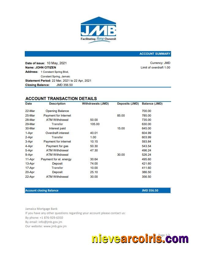 Jamaica Mortgage Bank statement easy to fill in Excel and PDF format